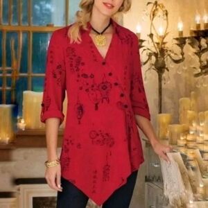 Soft Surroundings Wrap Top Womens Large Red Asian Oriental Pagoda Japanese
